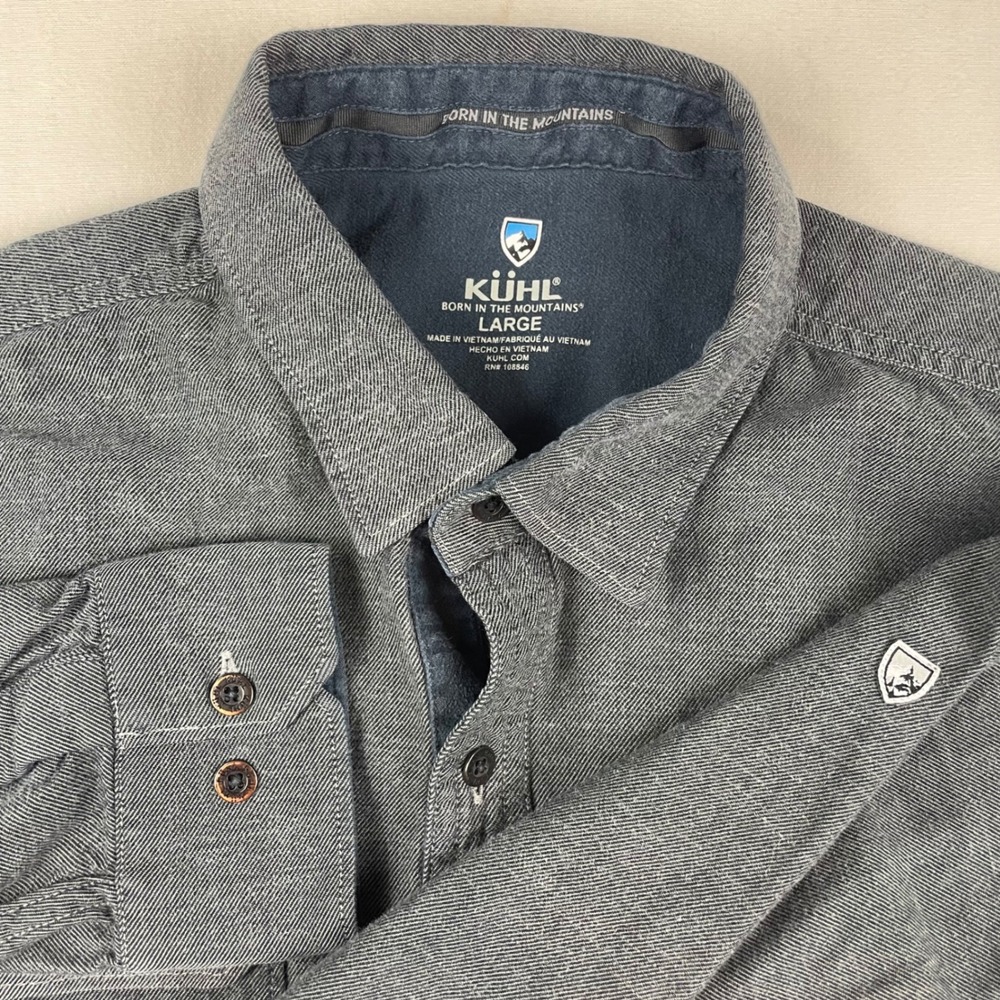Kuhl Mens Large Gray Long Sleeve Button Down Shirt Dual Pocket Born In Mountains